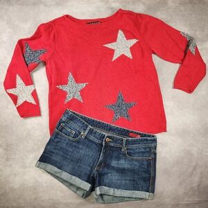 Norton Studio Petites Red Star Print Cotton Knit Sweater PM Womens Patriotic